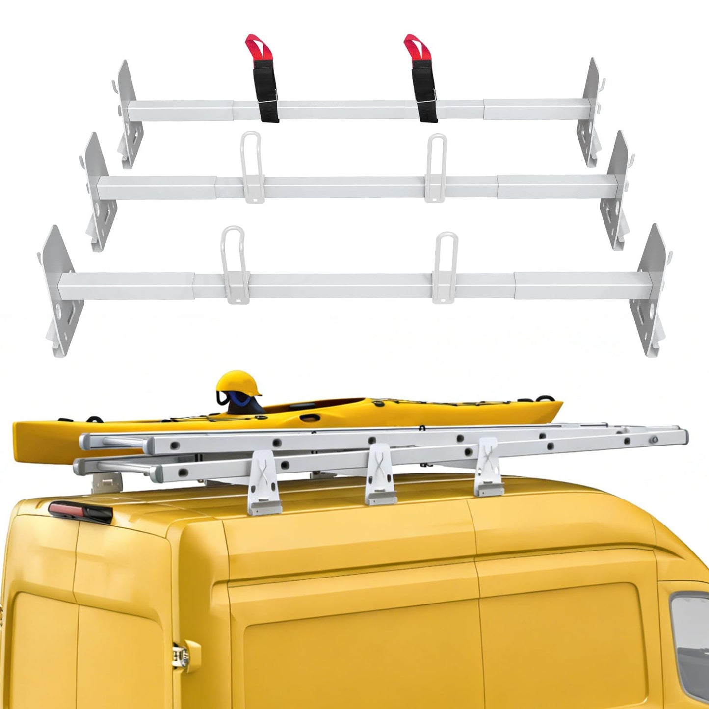 SINASUYE Universal Roof Ladder Rack Adjustable Length 48”-67” for Cargo Van with Rain Gutters Fit for 1996-up Chevy Express 1500 2500 3500 Ford Econoline GMC Savana 800 Lbs Load Capacity