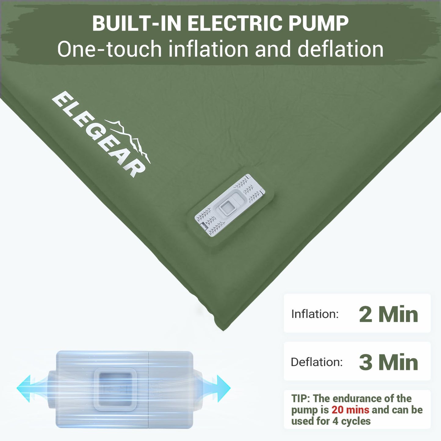 Elegear CumbreX™ Self Inflating Sleeping Pad, Built-in Electric Pump 3.15" Ultra-Thick Memory Foam Camping Mattress Pad with Pillow Double Sleeping Pad for Camping R-Value 9.5 Foam Camp Pad - Queen