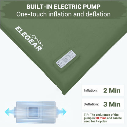 Elegear CumbreX™ Self Inflating Sleeping Pad, Built-in Electric Pump 3.15" Ultra-Thick Memory Foam Camping Mattress Pad with Pillow Double Sleeping Pad for Camping R-Value 9.5 Foam Camp Pad - Queen