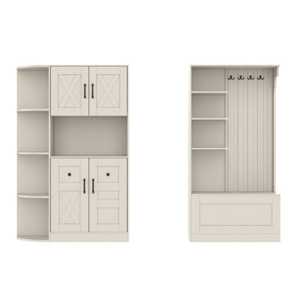 KEIKI Multifunction Entryway Storage Cabinet Set with Bench, Modular Hallway Organizer with Hooks, Open Shelves, Hidden Storage, Farmhouse Accent Cabinet for Living Room, Kitchen, Entryway, Beige