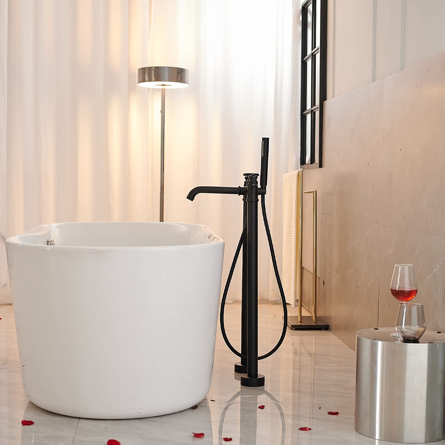BWE Floor Mount Freestanding Bathtub Faucets Black Solid Brass Single Handle Modern Bathroom Tub Filler High Flow Rate with Handheld Shower Mixer Tap
