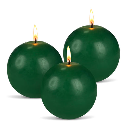 Ball Pillar Candles Set of 3 Green 3 Inch Unscented Handpoured Weddings, Home Decoration, 75 Hour