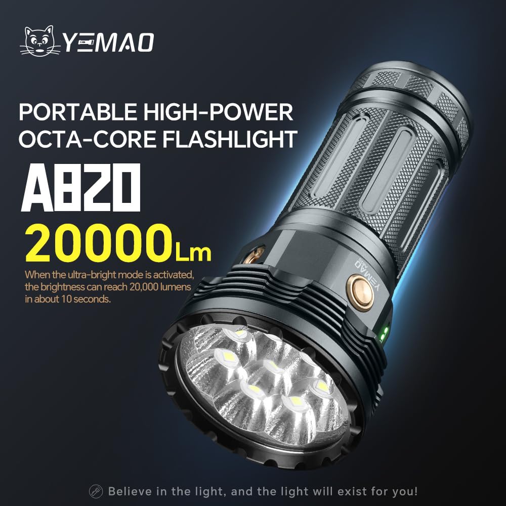 Yemao Rechargeable Flashlights 20000 High Lumens, Brightest Flashlight, Super Bright LED Flashlight Type C Charged, 5 Modes Long Lasting 60 Hours, for Emergencies, Camping, Outdoor, Caving