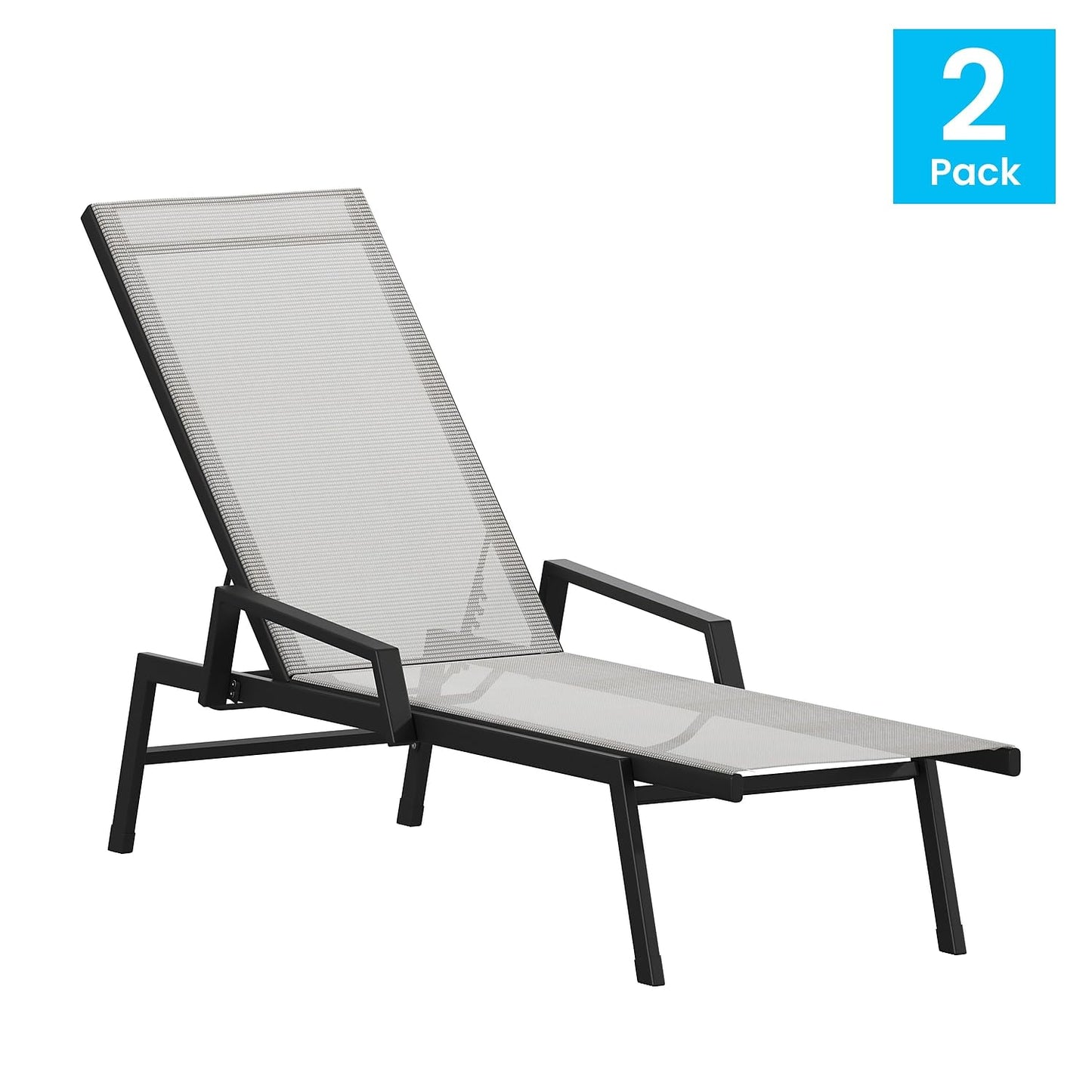 Flash Furniture Brazos Set of 2 Adjustable Chaise Lounge Chairs with Arms, All-Weather Outdoor Five-Position Recliners, Black/Gray