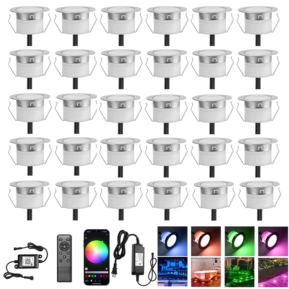 Smart WiFi LED Deck Lights 30 Pack, APP Control RGB Outdoor Lighting for Patio Deck Steps Landscape, Φ1.22" Low Voltage 12V Recessed Deck Lights Waterproof IP67,Compatible with Alexa/Google Home