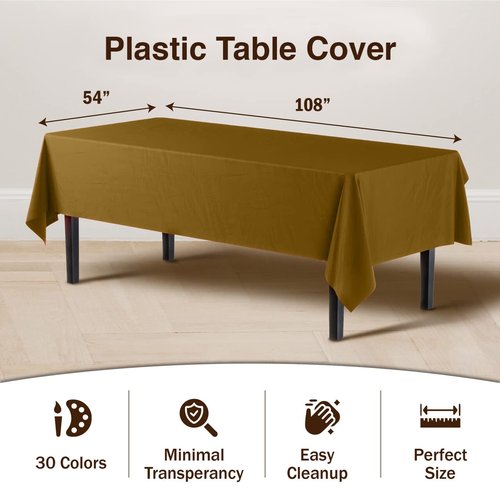 Exquisite Party Solids 6-Pack Premium Plastic Tablecloth 54in. x 108in. Rectangle Plastic Table Cover - Gold