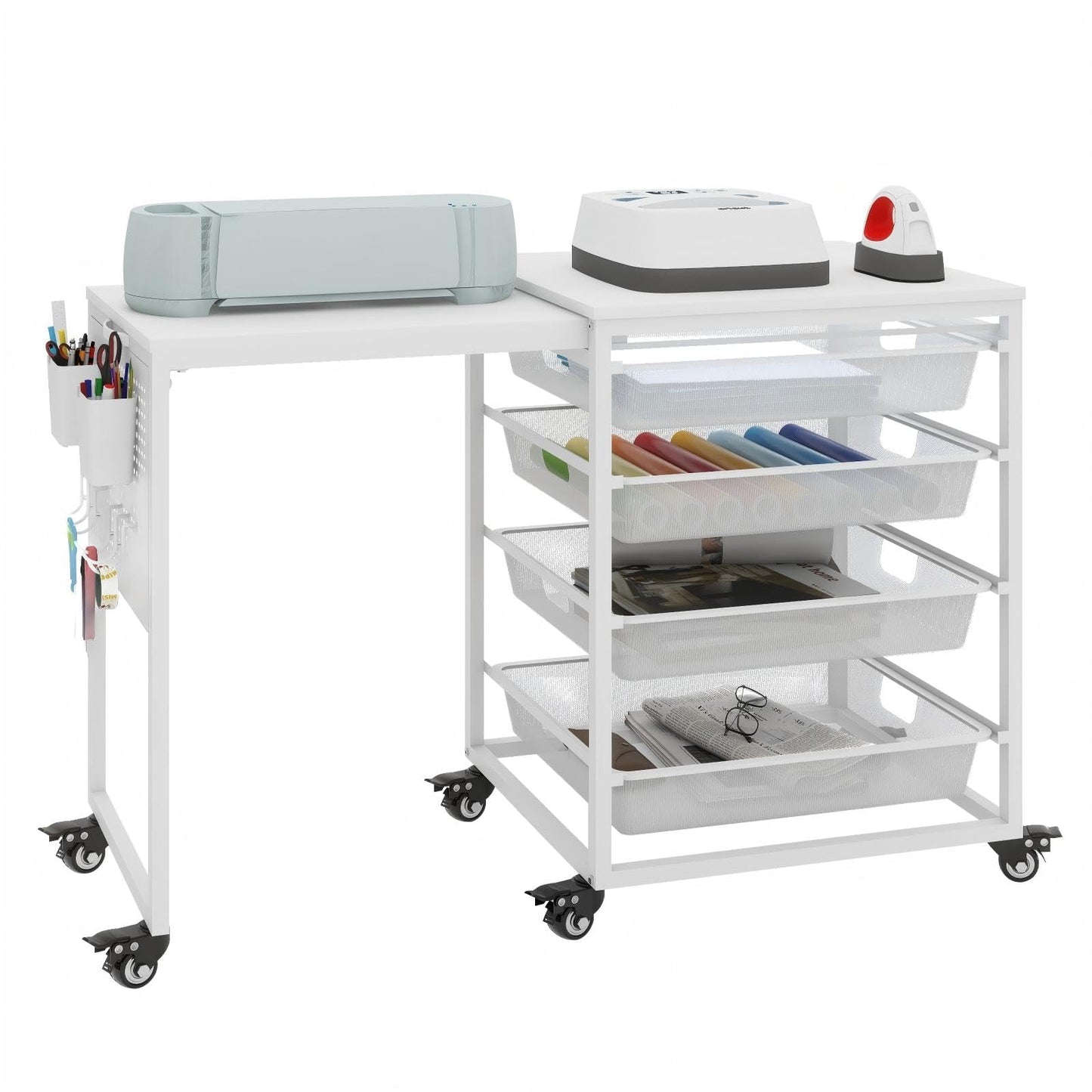 Rolling Craft Storage Cart with Wheels & Mesh Drawers, Extendable Craft Table with Pegboard Organizer, Muti-Functional Work Table for Sewing, Arts and Crafts, Scrapbooking Storage,3D Printers (White)
