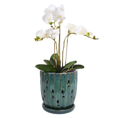 vensovo 6 Inch Ceramic Orchid Pot - Orchid Pot with Holes for Repotting, Ceramic Planter with Saucer for Indoor/Outdoor Plants, Green