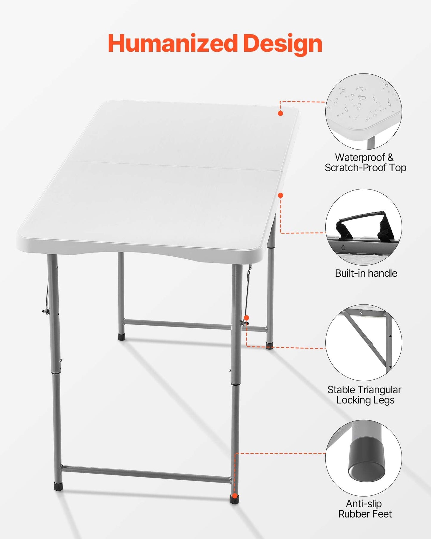 VEVOR Folding Table, Heavy Duty Portable Fold-in-Half Utility Table, Indoor Outdoor Plastic Rectangle Table with Built in Handle, for Party, Dining, Wedding, Events, Picnic, Camping, 4 ft, White