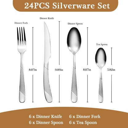 24 Piece Hammered Silverware Set for 6, Premium Food-grade Stainless Steel Flatware Set, Modern Design & Mirror Polished Cutlery Set, Eating Utensil Set Include Fork Knife Spoon Set, Dishwasher Safe