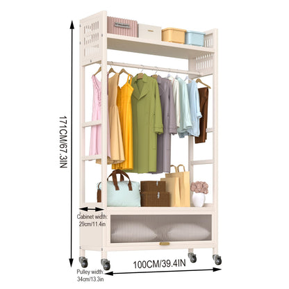 Freestanding Garment Rack, Portable Clothing Rack with Wheels and 4 Hooks, Rolling Organizer for Hanging Clothes and Storage, Wardrobe Shelves for Bedroom Living Room Home (Milky white, 100CM)