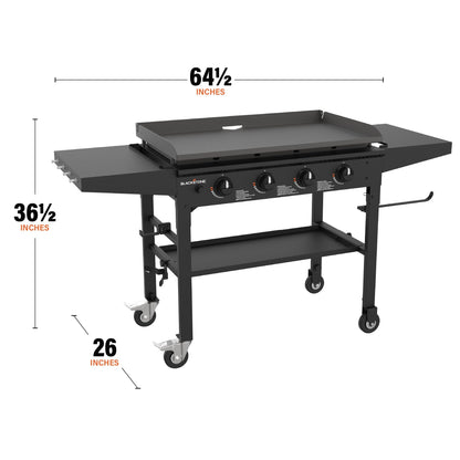 Blackstone 36 Inch 4 Burner 60,000 BTU Portable Steel Griddle Cooking Station with Foldable Legs, Grease Pan, and Storage Rack, Black