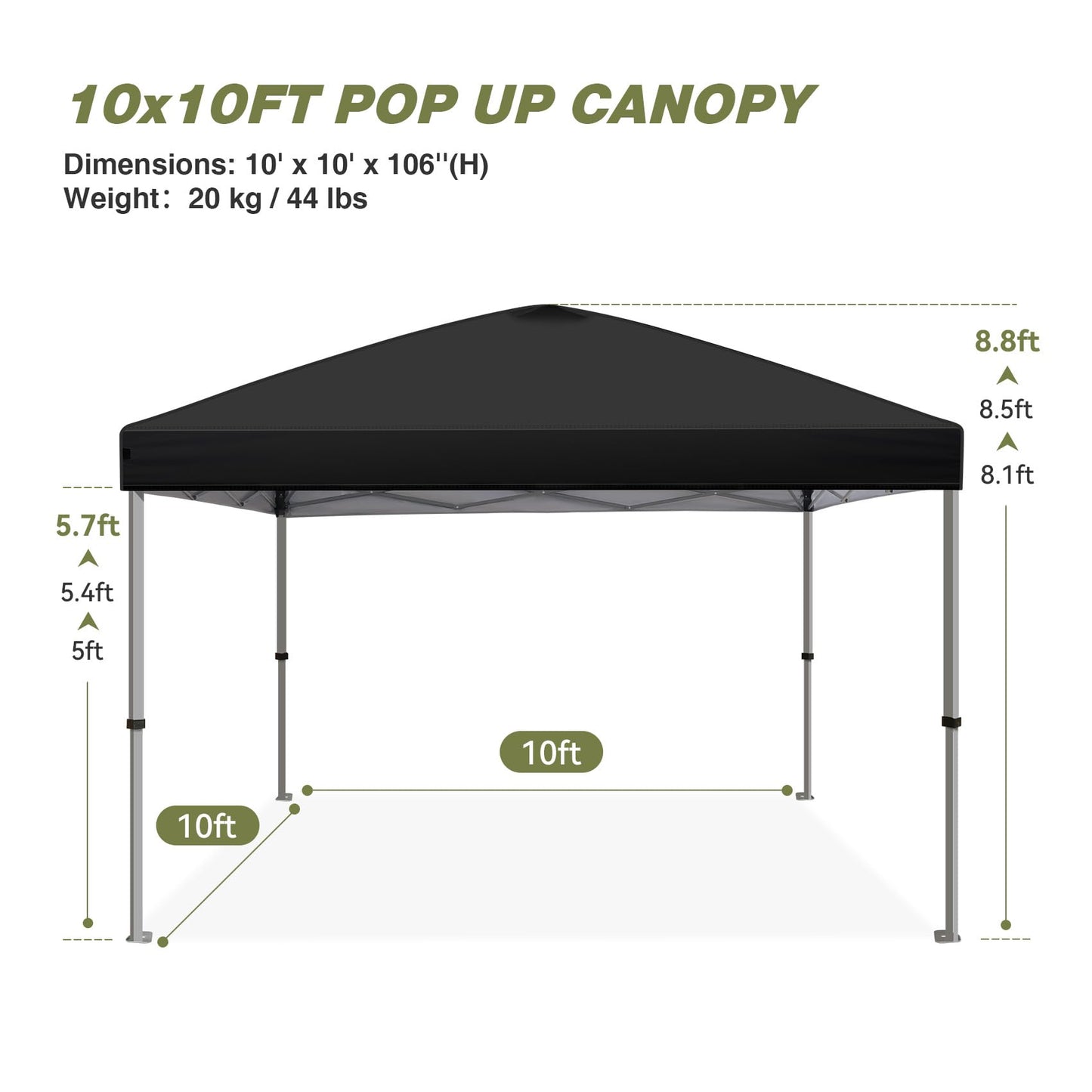 HYPER VENTURE 10x10ft Pop Up Canopy Tent with One Push Setup, Portable Outdoor Event Shelter with Rolling Carry Bag for Camping, Beach, Market, Patio (Black)