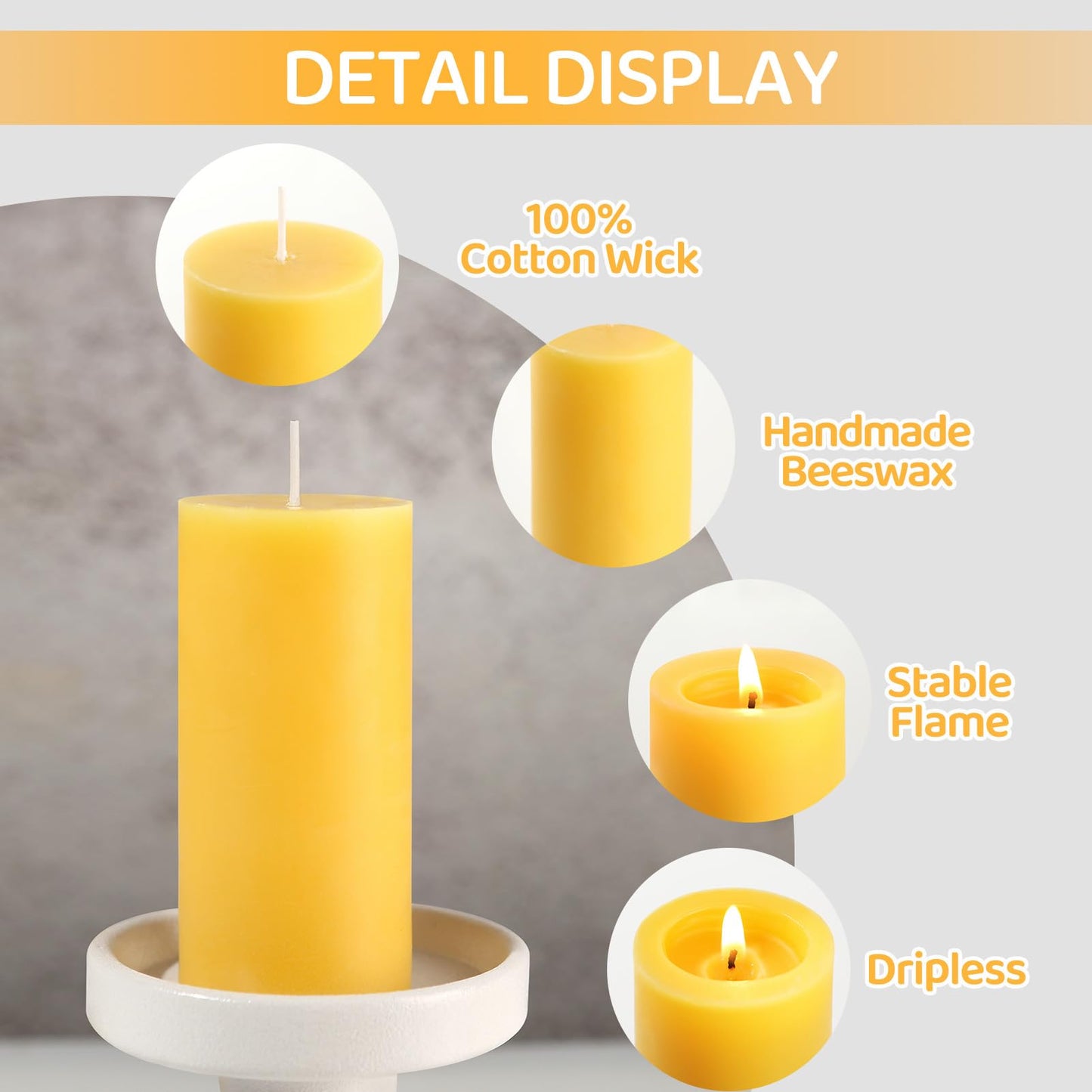 6 Pack Natural Beeswax Pillar Candles,100% Pure Beeswax Candles-210 Hours Long Burning,Organic Bees Wax Candles for Home,Emergency,Prayer,Parties,Unscented Dripless Smokeless Beeswax Candle Bulk 2x4in