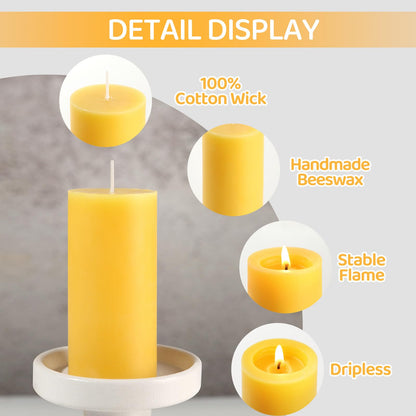6 Pack Natural Beeswax Pillar Candles,100% Pure Beeswax Candles-210 Hours Long Burning,Organic Bees Wax Candles for Home,Emergency,Prayer,Parties,Unscented Dripless Smokeless Beeswax Candle Bulk 2x4in