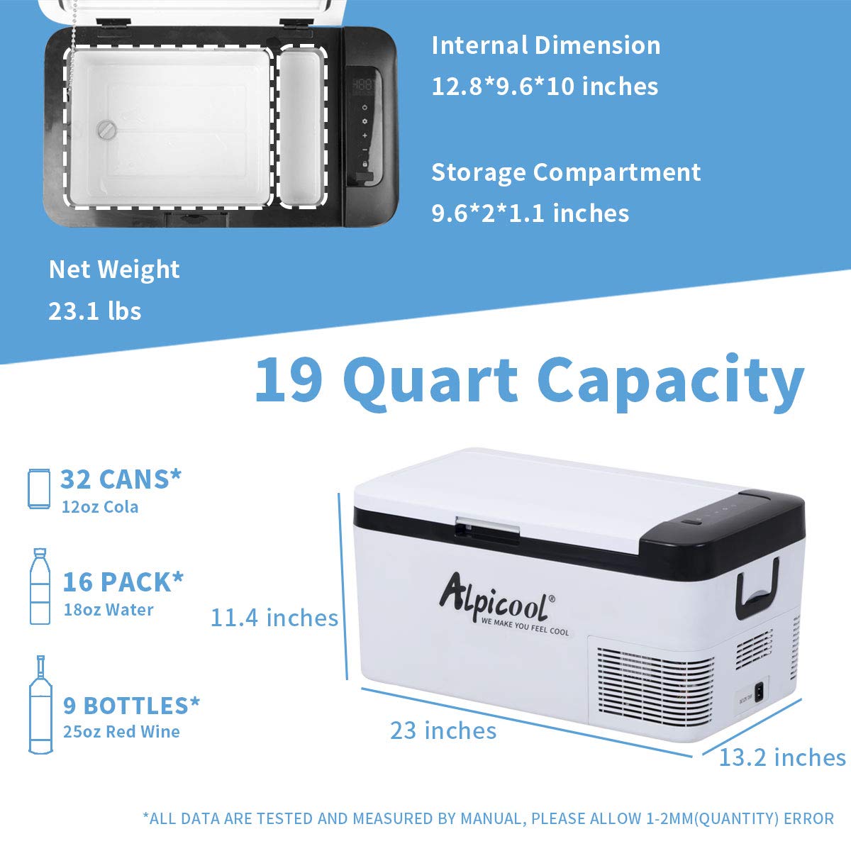 Alpicool K18 Portable Car Freezer,12 Volt Refrigerator, 19 Quart (18 Liter) Fast Cooling 12V Car Fridge -4℉~68℉, Car Cooler, 12/24V DC and 100-240V AC for Outdoor, Camping, RV, Truck, Boat