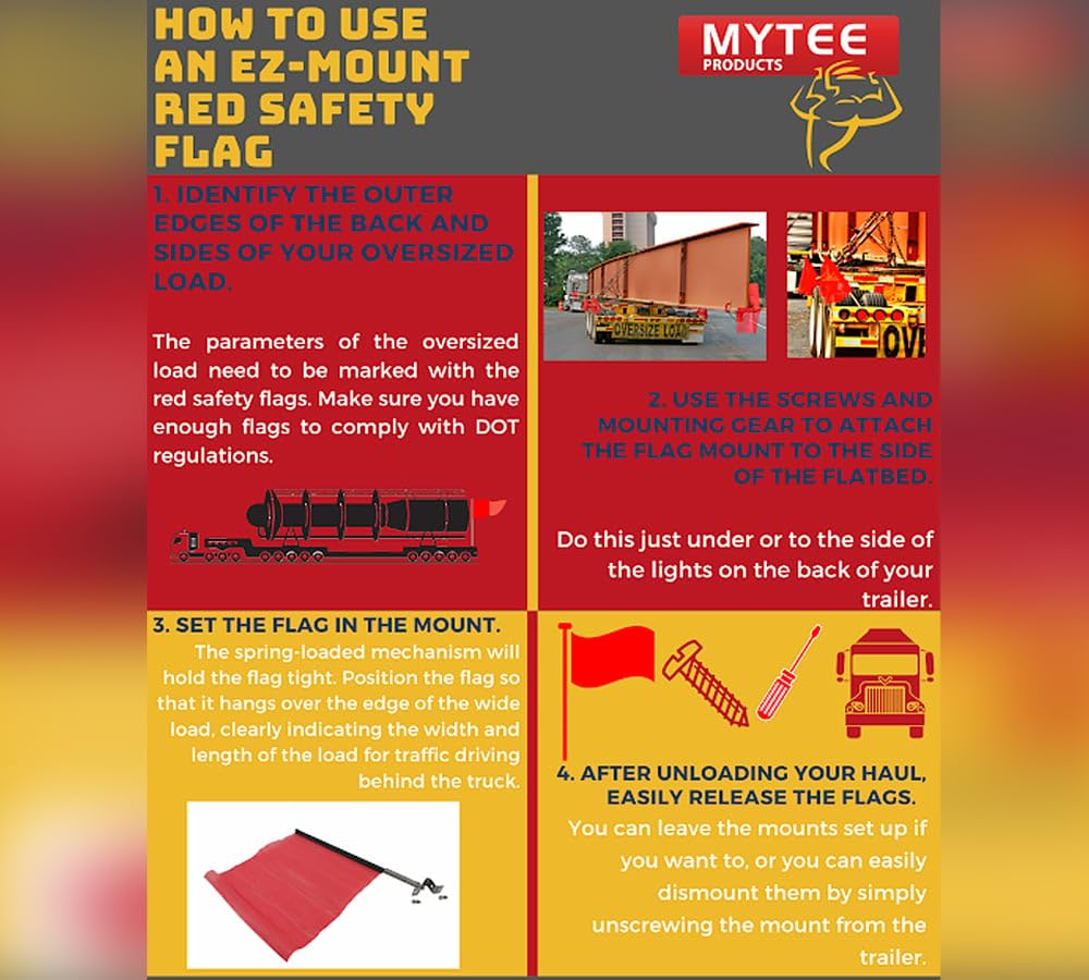 Mytee Products EZ Mount Warning Flag Red 18" x 18" Mesh Safety Flag DOT Compliant | Spring Loaded Quick n Easy Disconnect - 4 Pack