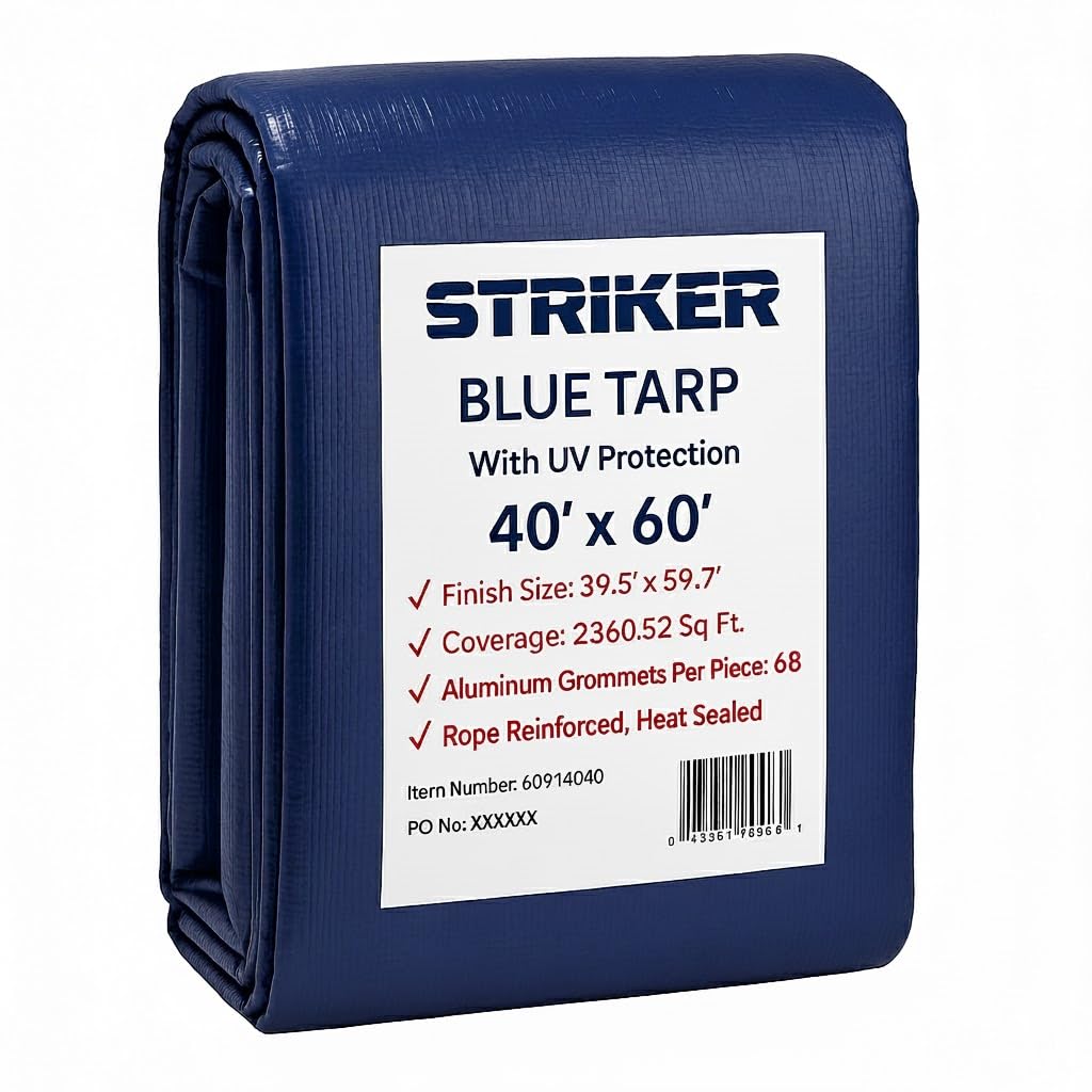 Striker – All Purpose PE Cover with UV Protection, Rust-Resistant Grommets, and Rope-Reinforced Edges (Blue, 40' x 60')