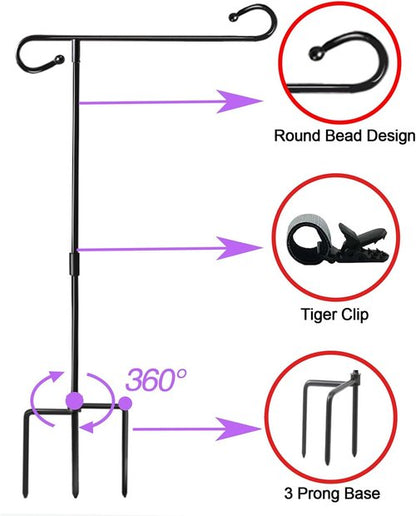 Garden Flag Holder Stand - Premium Weather-Proof Metal Flagpole with Clip | 3-Prong Base for Outdoor Decor