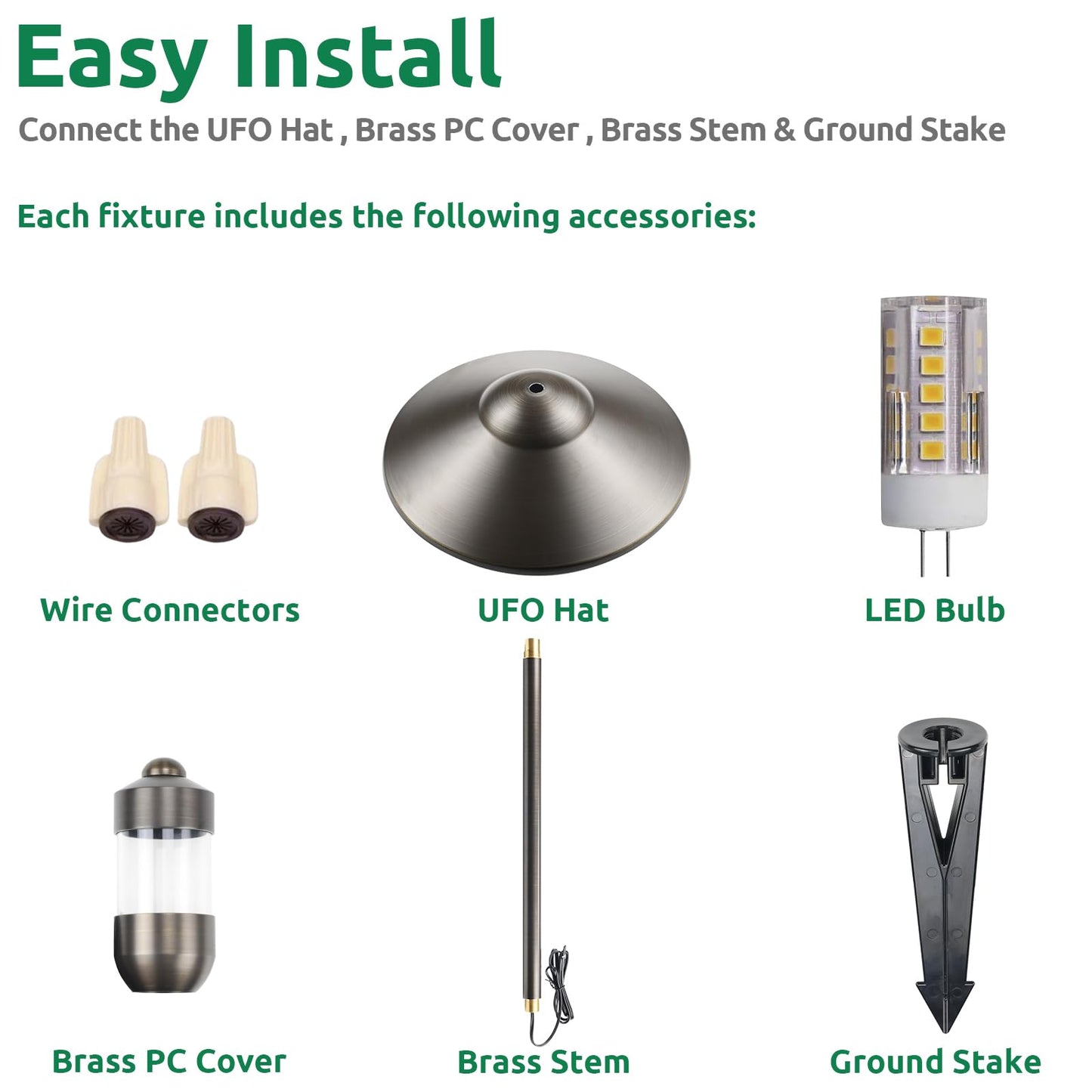 DOSHINE® Solid Brass Low Voltage Landscape Lighting Pathway Lights (9" Shade, 22" Tall) with Replaceable 3W G4 LED Bulb 3000K AC/DC 12V and Ground Stake for Outdoor Walkway Driveway (UFO, 6-Pack)