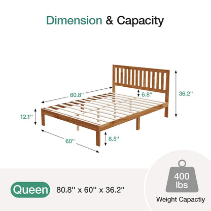 Novilla Queen Bed Frame with Headboard, Solid Wood Bed Frame Foundation with Wood Slat Support, No Box Spring Needed, Easy Assembly, Oak