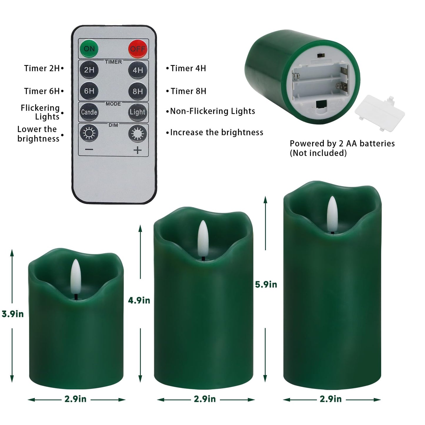 Flameless Candles Lights, Set of 3 Flickering LED Candles with Remote & Timer, Dimmable Electric Pillar Candles Battery Operated, Green Candles for Home St. Patrick’s Day Christmas Decor (Green)