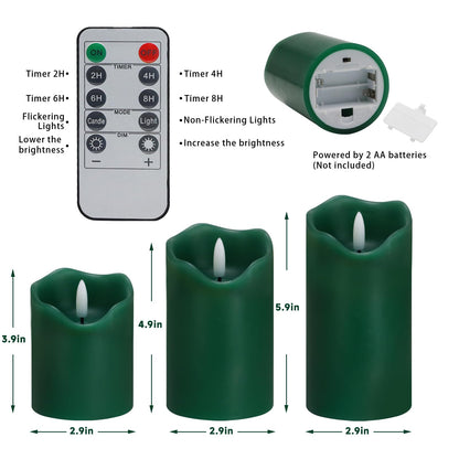 Flameless Candles Lights, Set of 3 Flickering LED Candles with Remote & Timer, Dimmable Electric Pillar Candles Battery Operated, Green Candles for Home St. Patrick’s Day Christmas Decor (Green)