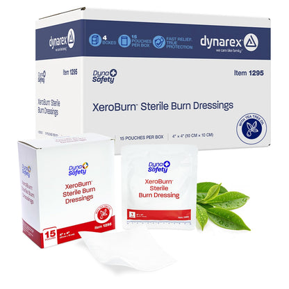 Dynarex DynaSafety XeroBurn Sterile Burn Dressings - Hydrogel Dressings with Tea Tree Oil - First Aid for Minor Burns - 4" x 4" - 15 per Box, 4 Boxes per Case