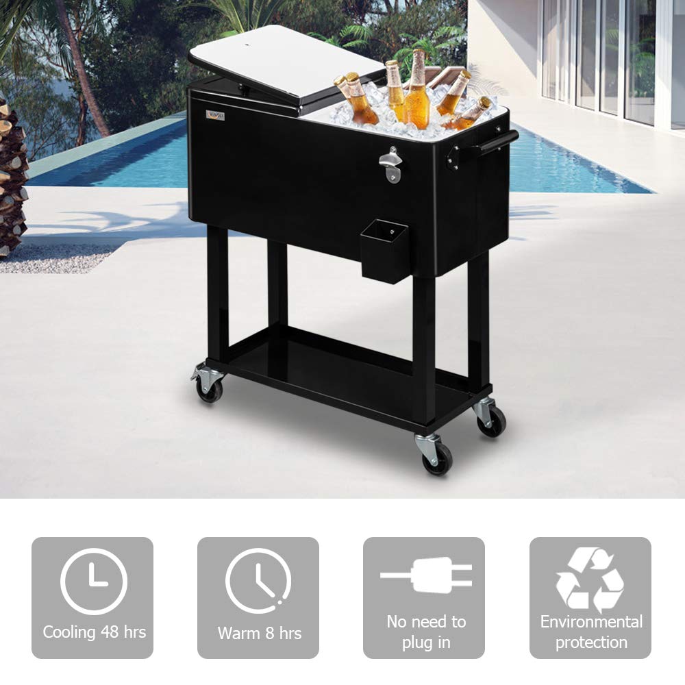 VINGLI 80 Quart Rolling Ice Chest, Portable Patio Party Bar Drink Cooler Cart, with Shelf, Beverage Pool with Bottle Opener (Black)