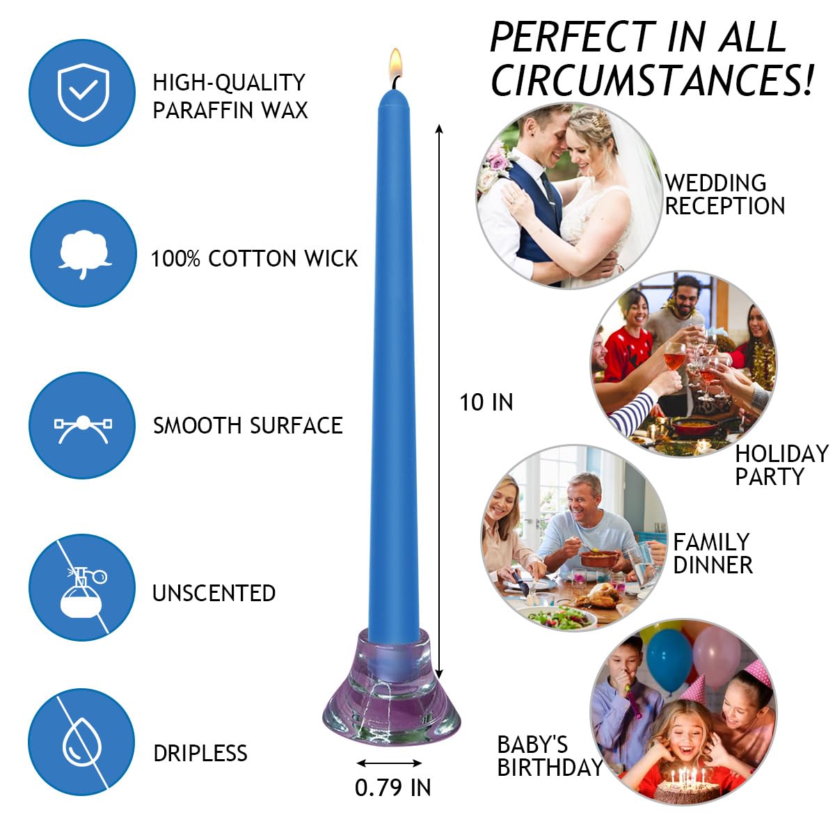 Blue Taper Candles, Set of 20 Unscented and Smokeless 10 Inch Taper Candles Long Burning, Paraffin Wax with Cotton Wicks for Burning Approxinately 7-8 Hours Time
