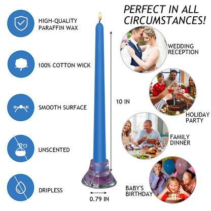 Blue Taper Candles, Set of 20 Unscented and Smokeless 10 Inch Taper Candles Long Burning, Paraffin Wax with Cotton Wicks for Burning Approxinately 7-8 Hours Time