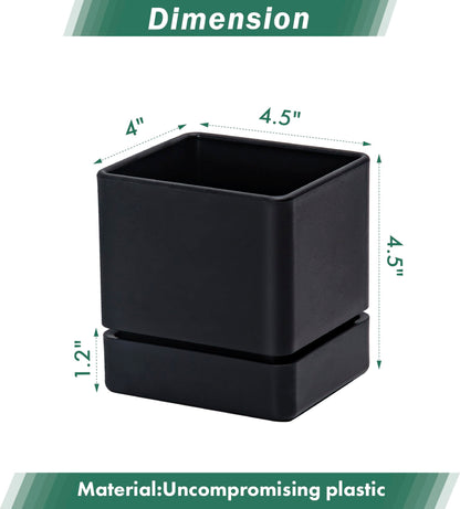 D'vine Dev 4 Inch Herb Planter Pot, Plastic Planter with Drainage Holes and Saucer, Modern Decorative Gardening Pot for Indoor Plants, Flowers, Herbs, Succulents, Black, Set of 4, 76-Y-B4-1