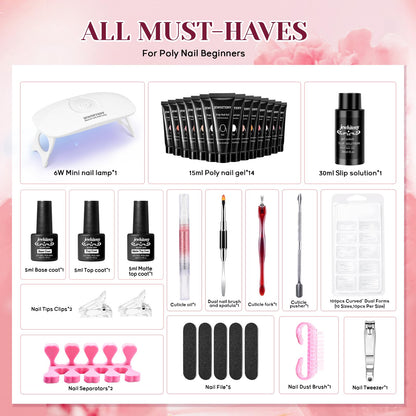JEWHITENY Poly Extension Gel Nail Kit 14 PCS Poly Gel Kit with Slip Solution and Mini Lamp Nail Art Design Beginner