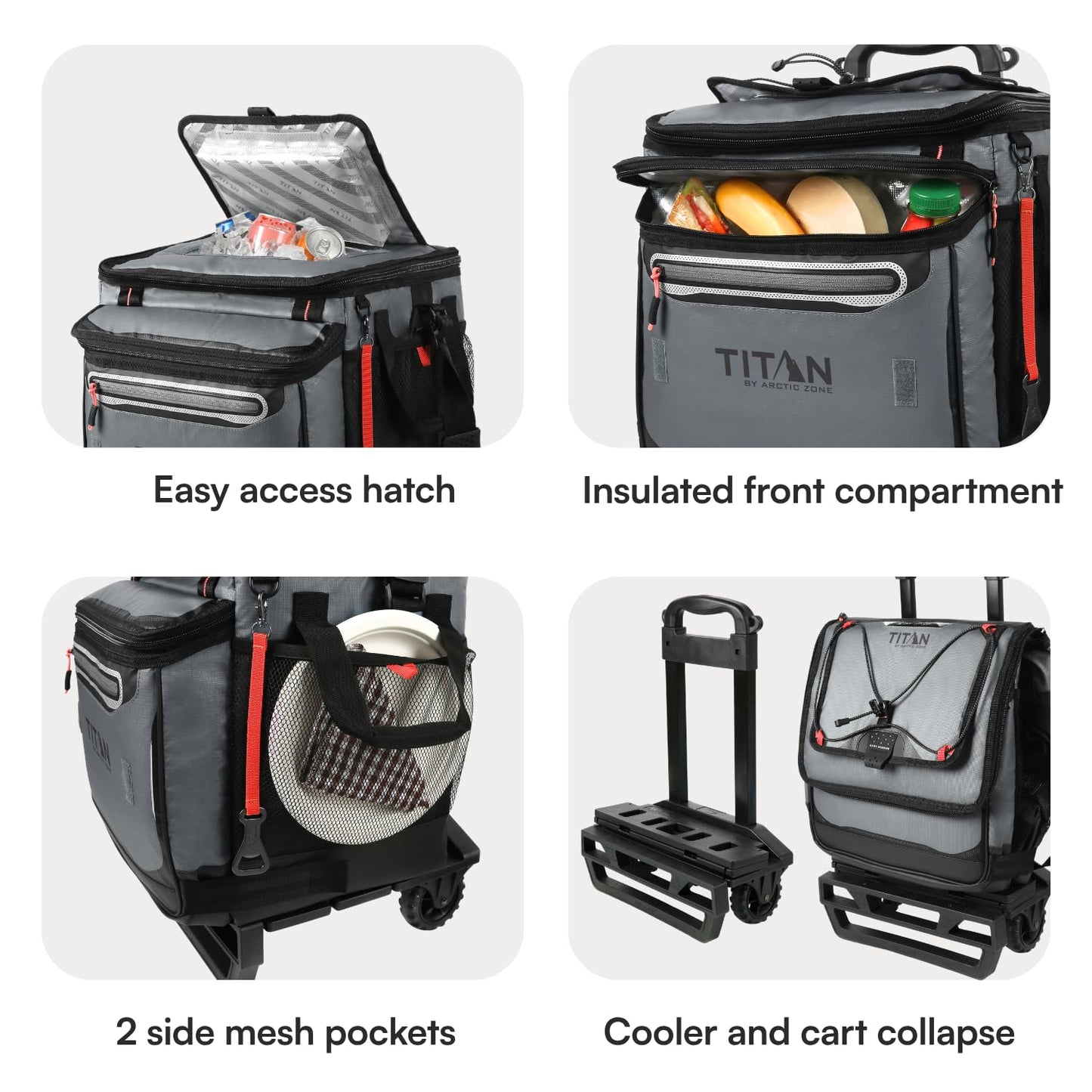 Titan by Arctic Zone Collapsible Wheeled Soft Sided Cooler with Detachable Rolling AT Cart, Insulated Bag with Leak Proof Lining, for Travel, Beach, Picnic, 60 Can Capacity, Sharkskin Grey