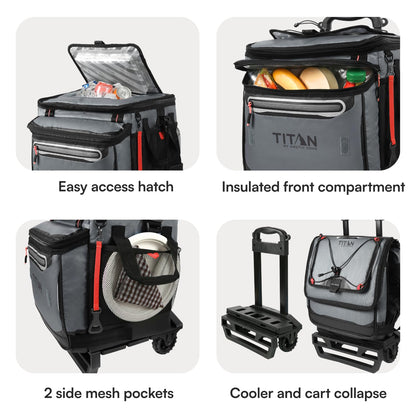 Titan by Arctic Zone Collapsible Wheeled Soft Sided Cooler with Detachable Rolling AT Cart, Insulated Bag with Leak Proof Lining, for Travel, Beach, Picnic, 60 Can Capacity, Sharkskin Grey