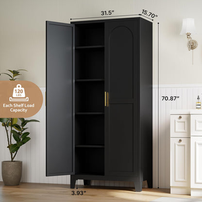Zevemomo 70.87" H Metal Kitchen Pantry Cabinet, Freestanding Cupboard with 2 Doors and 4 Adjustable Shelves, Tall Metal Storage Cabinet for Kitchen, Bathroom, Dinning Room or Laundry Room （Black）