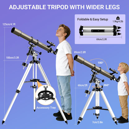 NACATIN Telescope, 90mm EQ Refractor Telescope for Adults & Professionals, High Powered Portable Telescope with Phone Adapter for Astrophotography, Easy Setup Travel Telescope to See Moon,Planet