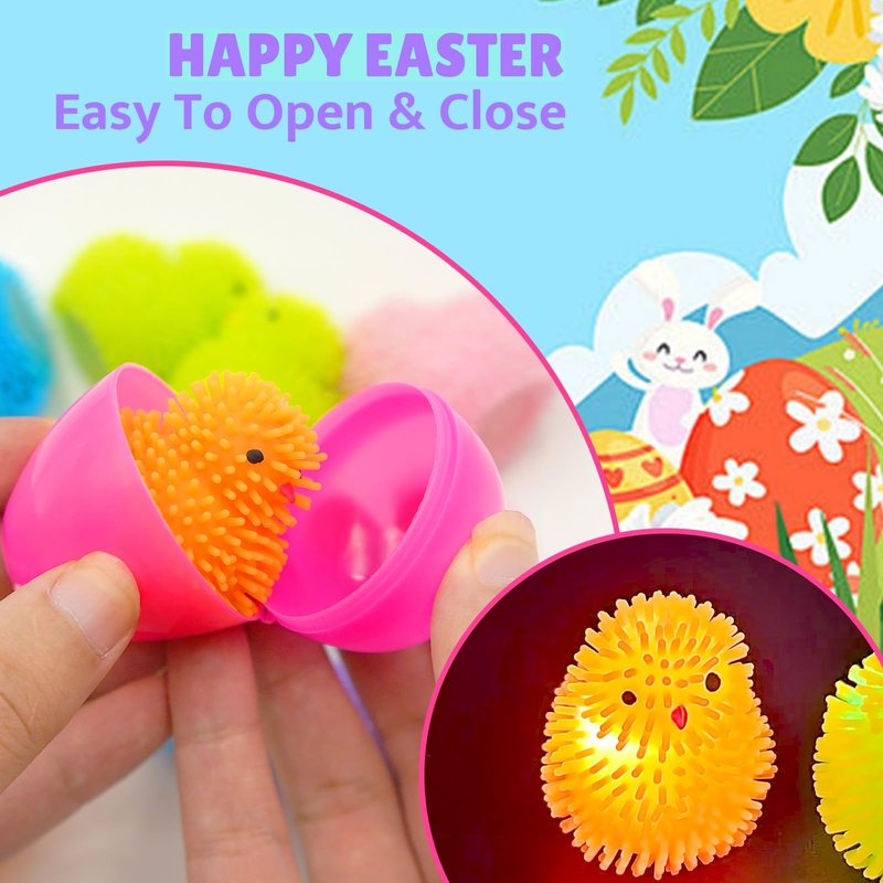 PIONJOY 12 Pack Easter Eggs Filled Chick LED Puffer Balls,LED Light Up Toys Stuffers Stress Relief LED Ball for Kids Easter Egg Hunt Filling Treats Easter Basket Stuffers Easter Party Favor