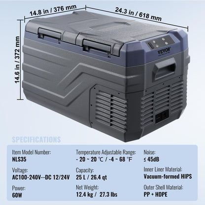 VEVOR NLS35, 12 Volt Car Refrigerator Fridge, 25Liter(26.4qt) Dual Zone Portable Freezer, -4℉-68℉ Adjustable Range, 12/24V DC and 100-240V AC Compressor Cooler for Outdoor, Camping, RV, Grey