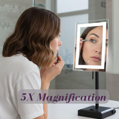 JERDON Lighted Tabletop Magnifying Mirror - Black Makeup Mirror with 5X Magnification and LED Lights - Model JRT910BKL