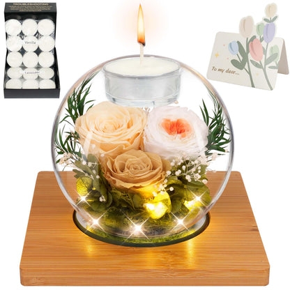 Preserved Champagne Real Rose in Glass with Scented Candles – Forever Flower Romantic Anniversary Christmas Birthday Valentines Mothers Day Gifts for Mom, Women, Wife, Girlfriend, Her, Grandma