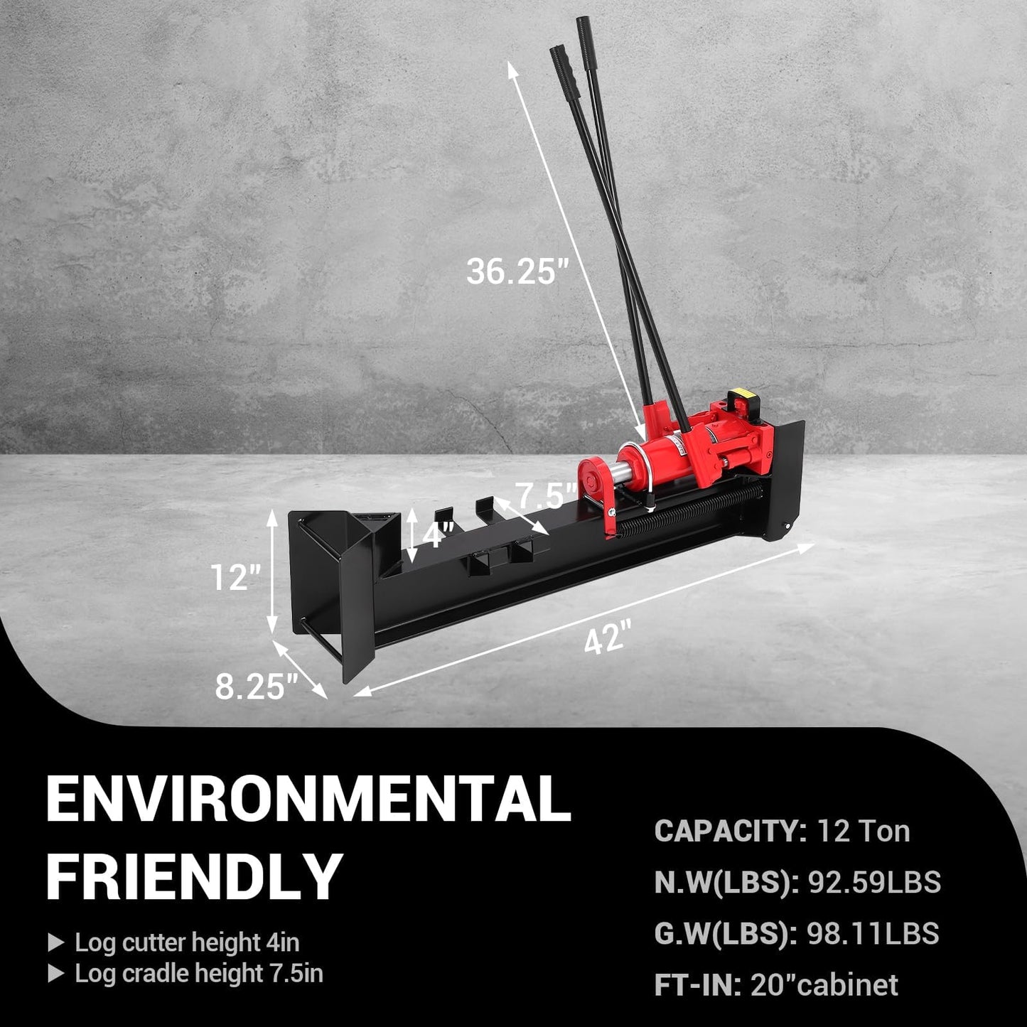 BouPower 12 Ton Hydraulic Manual Log Splitter, Heavy Duty Horizontal Wood Splitter with All-Steel Beam, Portable Firewood Cutter with Built-in Wheels & Spring-Loaded Return, No Gas or Electric Needed