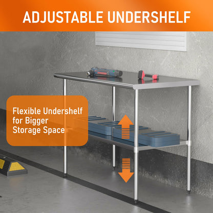 Stainless Steel Table for Food Prep & Work 24 x 48 inches Utility Table with Adjustable Undershelf, Commercial Workstation in Kitchen, Garage, Outdoor BBQ