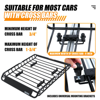 MaxxHaul 50879 46" x 36" Universal Roof Rack Rooftop Cargo Carrier Steel Basket with Net, Car Top Luggage Holder for SUV and Pick Up Trucks - 150 lb. Capacity