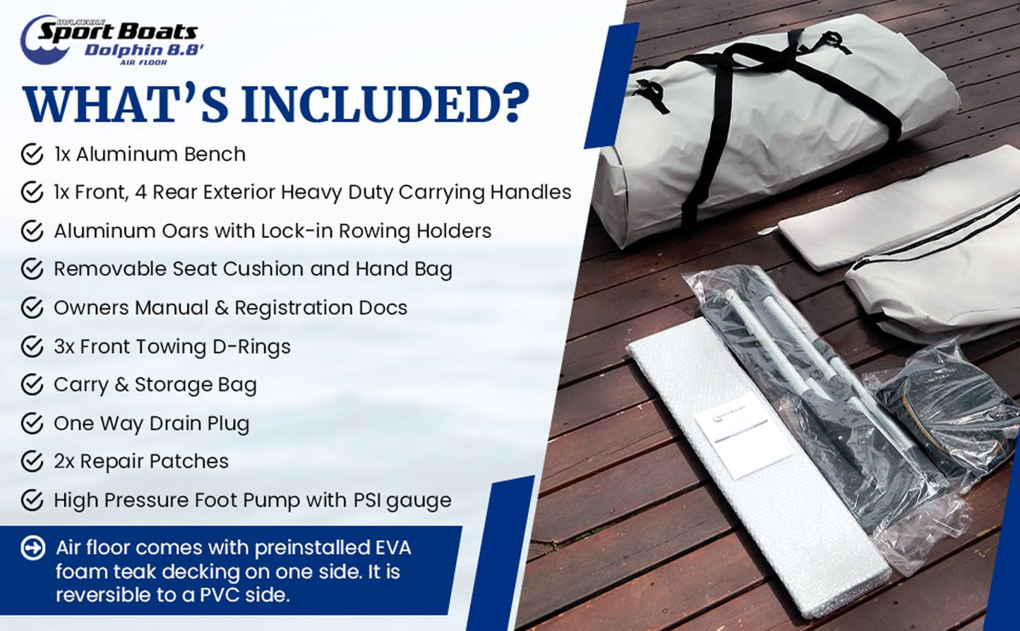 Inflatable Sport Boats Dolphin 8.8' – Fishing Boat with Durable Heat-Welded PVC – Inflatable Boat Easy Setup & Lightweight – 10HP Motor Compatibility – Includes Bench Seat & Carry Bag