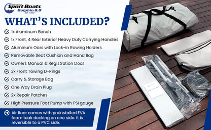 Inflatable Sport Boats Dolphin 8.8' – Fishing Boat with Durable Heat-Welded PVC – Inflatable Boat Easy Setup & Lightweight – 10HP Motor Compatibility – Includes Bench Seat & Carry Bag