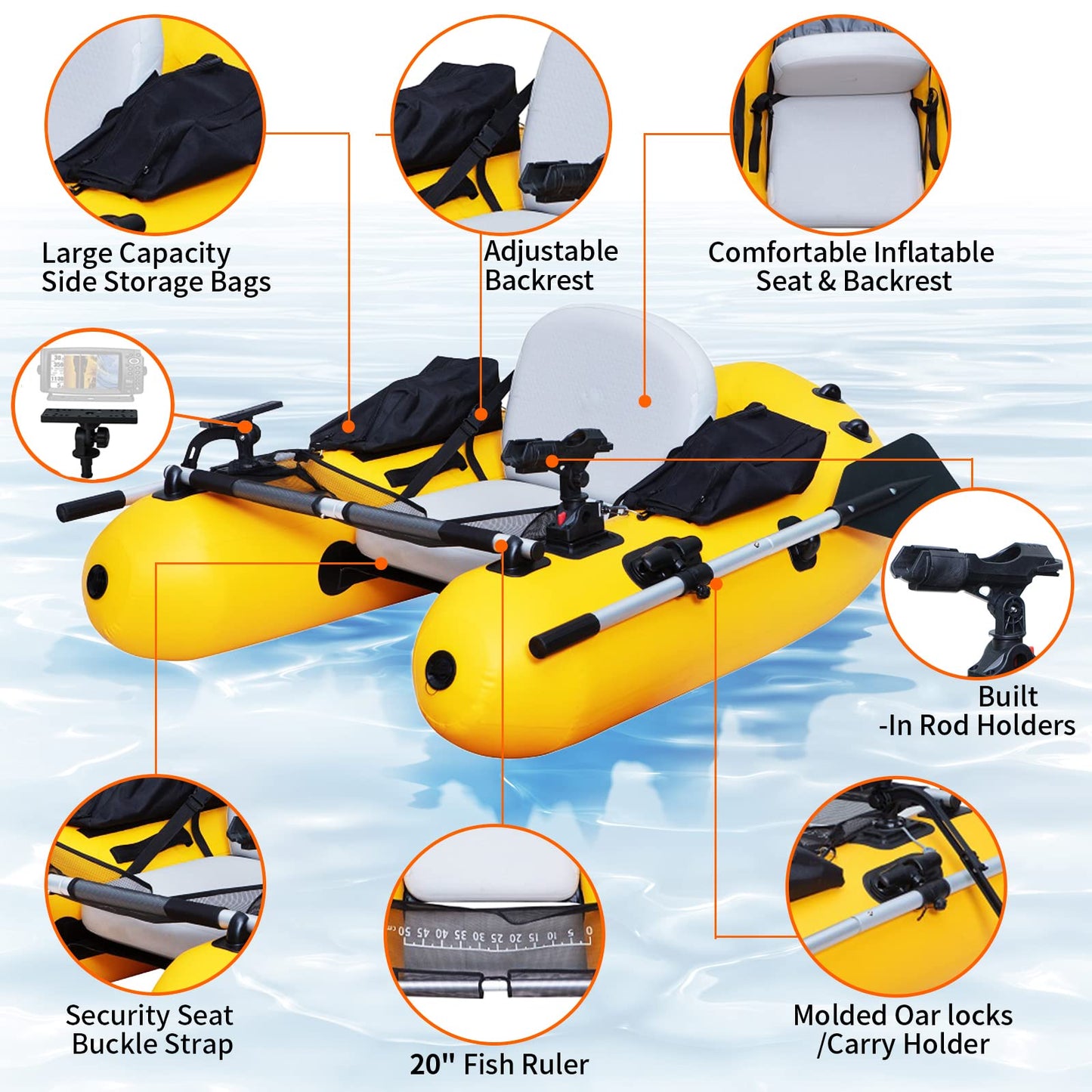 Xproutdoor Inflatable Fishing Float Tube, Belly Boat Fishing with Adjustable Backpack Straps, Storage Pockets, Fish Ruler, Pump, Oar, Float Tubes for Fishing, 350 LBS Load Capacity