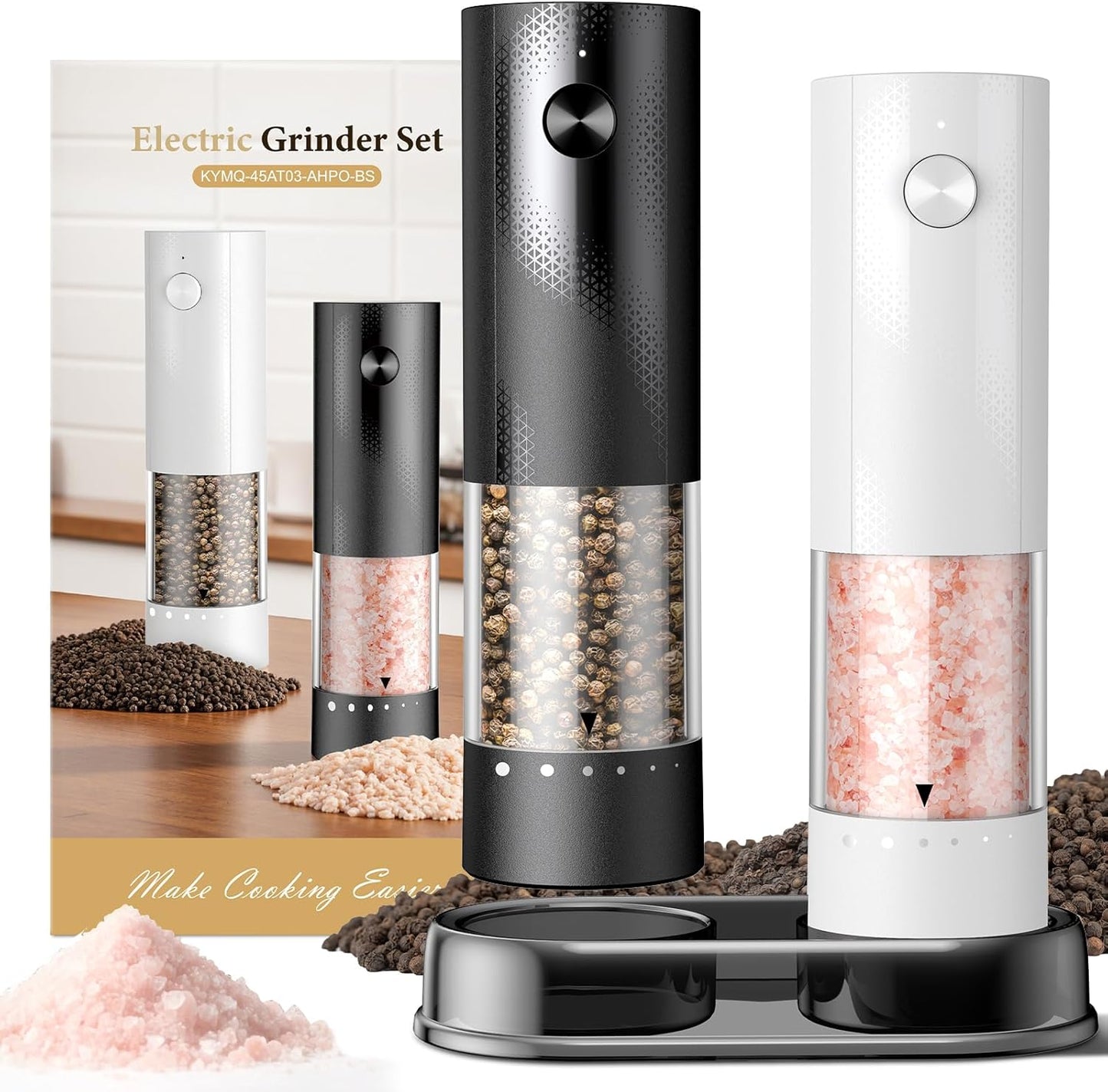 Skiennix Electric Salt and Pepper Grinder Set - Rechargeable Automatic Shakers with Adjustable Coarseness | 2 Pack in Black/White