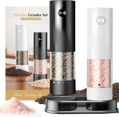 Skiennix Electric Salt and Pepper Grinder Set - Rechargeable Automatic Shakers with Adjustable Coarseness | 2 Pack in Black/White