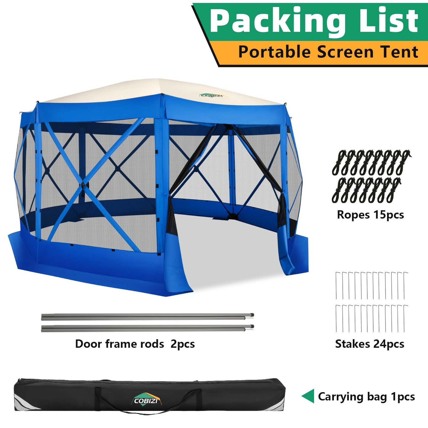 COBIZI Pop Up Gazebo Screen Tent Screen House for Camping, 15x15 Screen Room with Mosquito Netting, Hub Tent Instant Screened Canopy with Carrying Bag and Ground Stakes, Blue